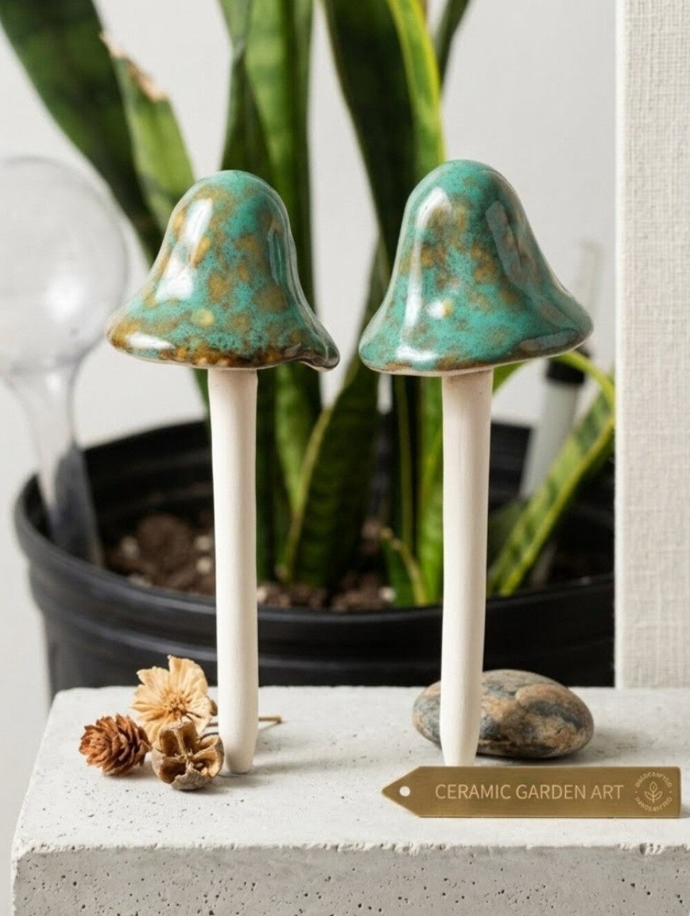 Ceramic Mushroom Stakes for Plants (6" /15 cm)  Garden and Flower Pot Decoration